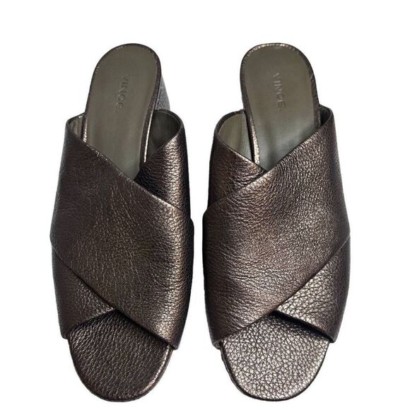 Vince Karsen Round Toe Block Heel Slip On Leather Sandal Metallic Size 11 - Picture 4 of 12